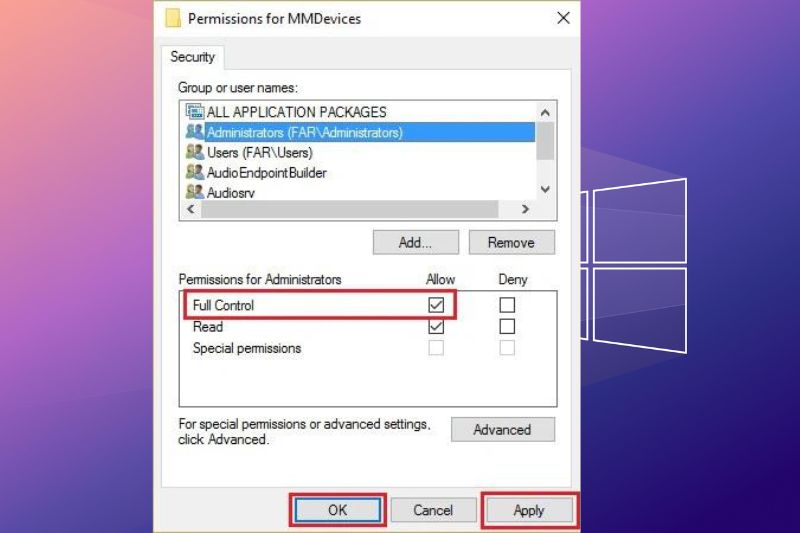 Cửa sổ Permissions