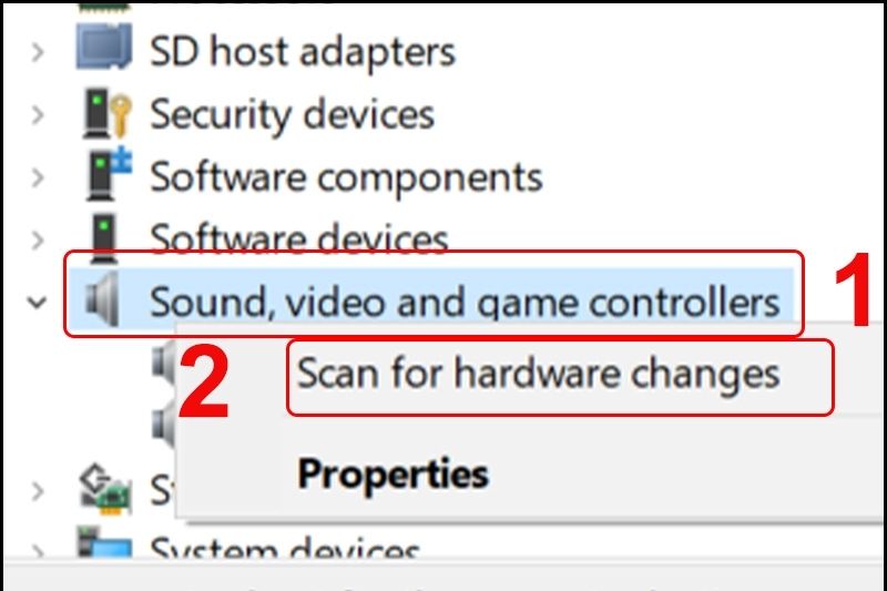 chọn Scan for hardware changes