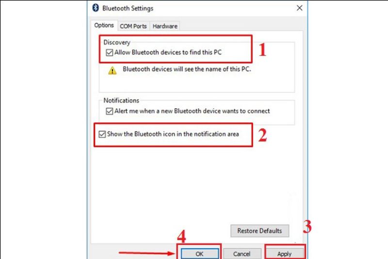 chọn Show the Bluetooth icon in the notification area