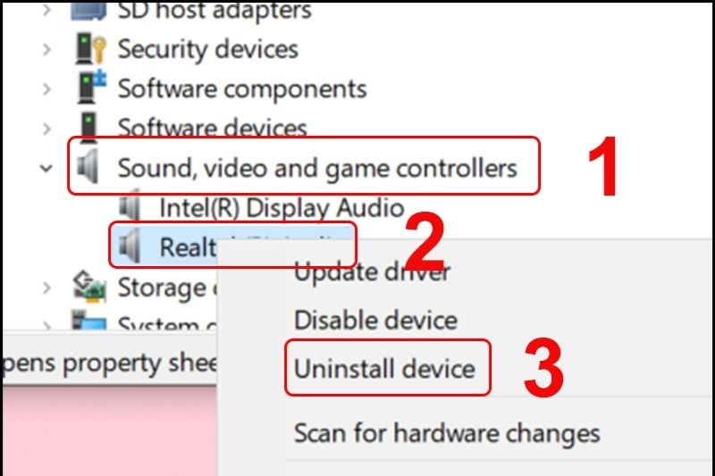 Chọn Uninstall device tại mục Sound, video and game controllers