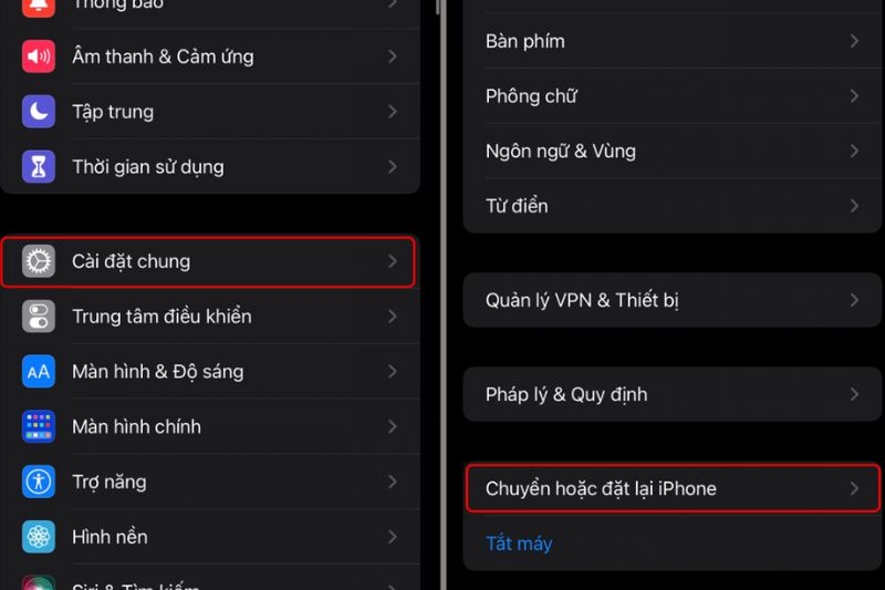chọn Chuyển hoặc đặt lại iPhone