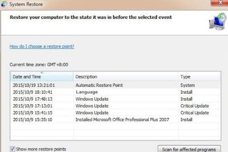 Chọn điểm khôi phục