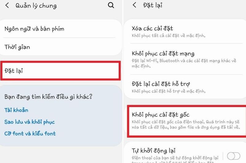 chọn khôi phục cài đặt gốc