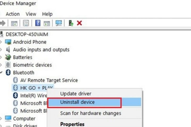 gỡ cài đặt Driver Bluetooth