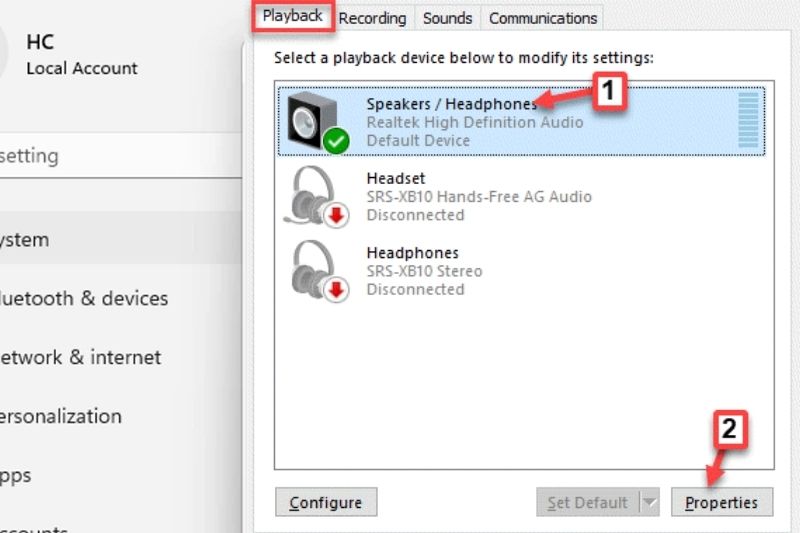 Nhấn chọn Speakers/HP tại tab Playback