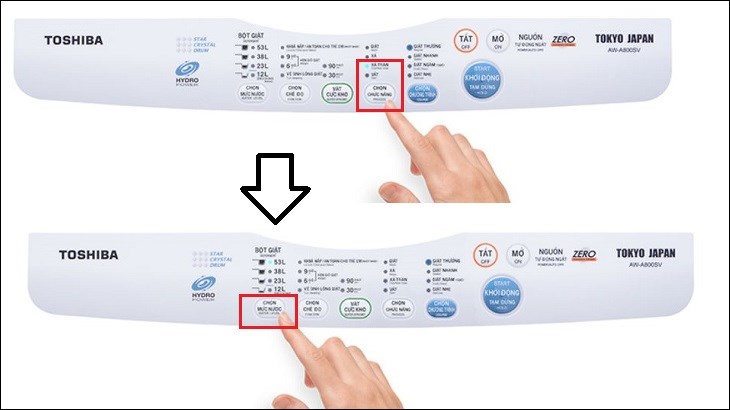Chế độ chỉnh mực nước máy giặt Toshiba